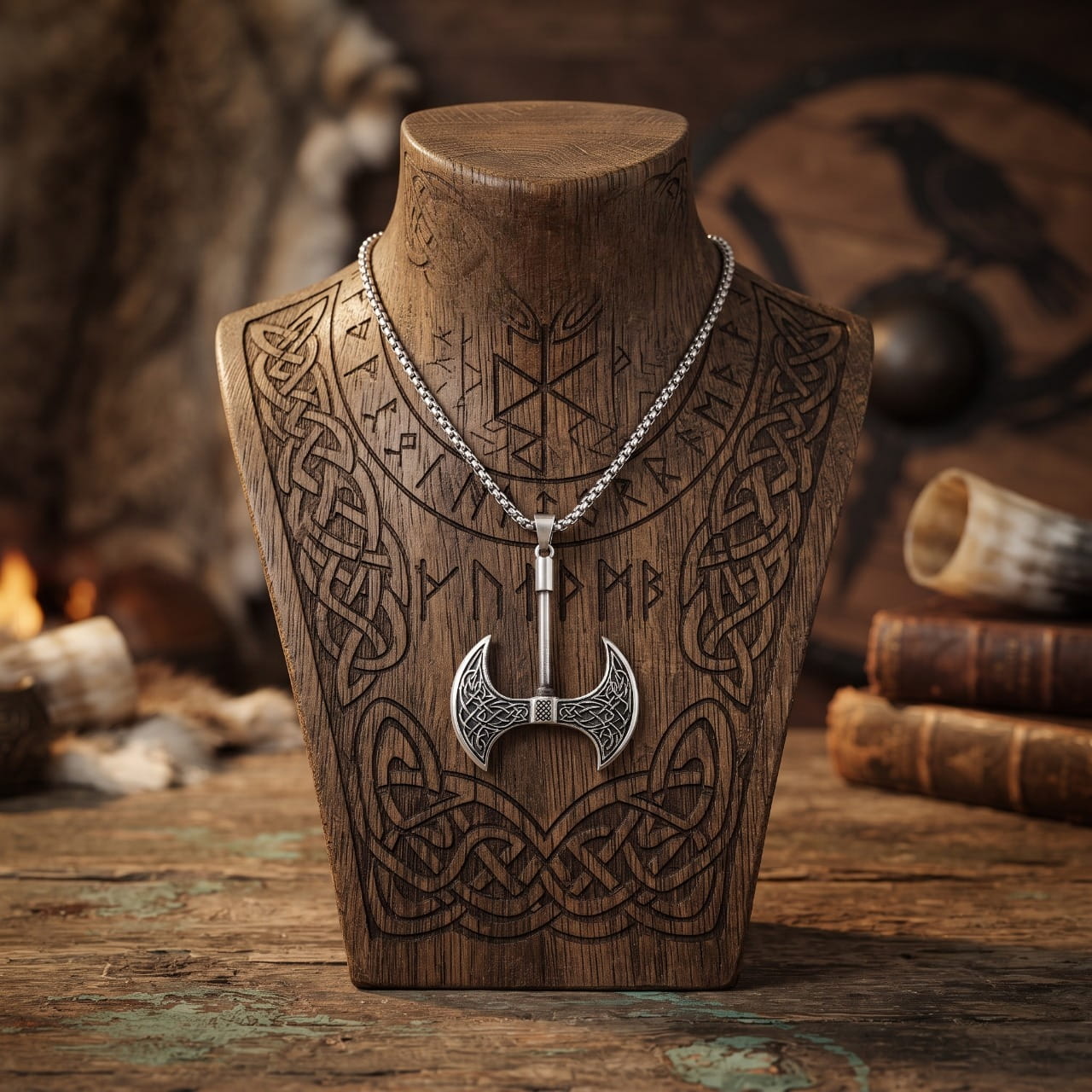 Pendentif hache à double tranchant en acier, sur chaîne, présenté sur un buste de bois couvert de runes