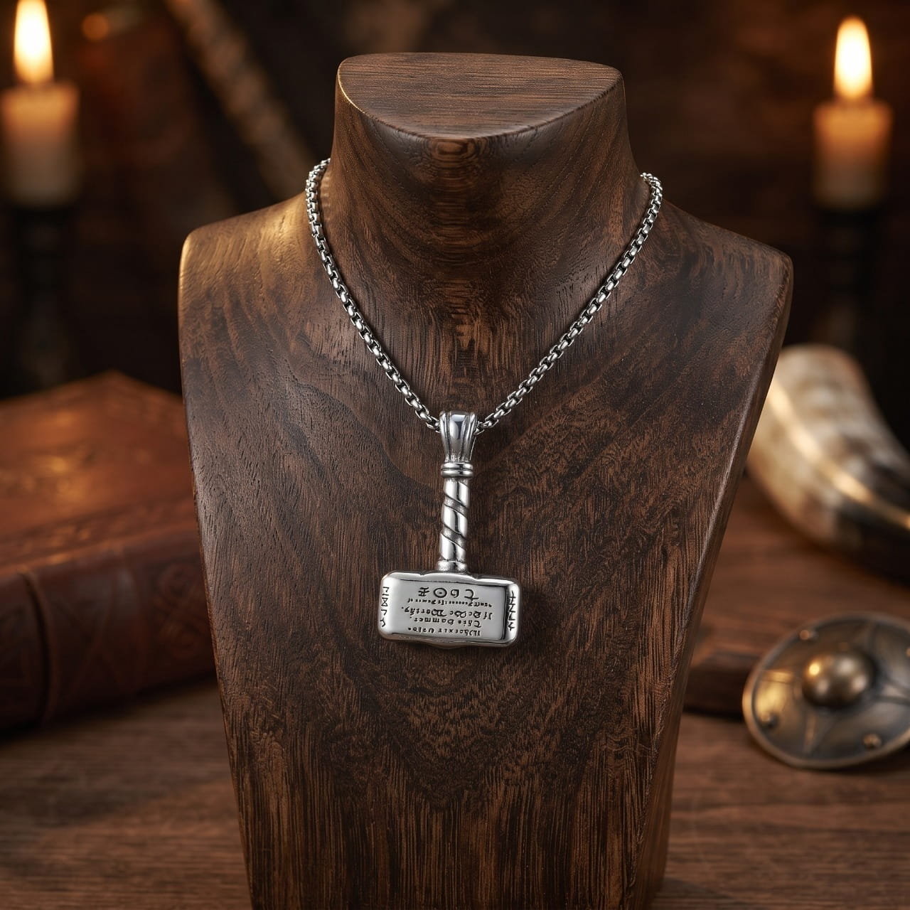 Pendentif marteau de Thor gravé de runes, en acier, sur chaîne, présenté sur un buste de bois