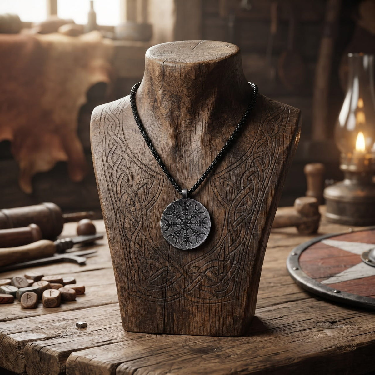 Pendentif médaillon rond gravé de l'Ægishjálmur sur cordon noir, présenté sur un buste de bois sculpté
