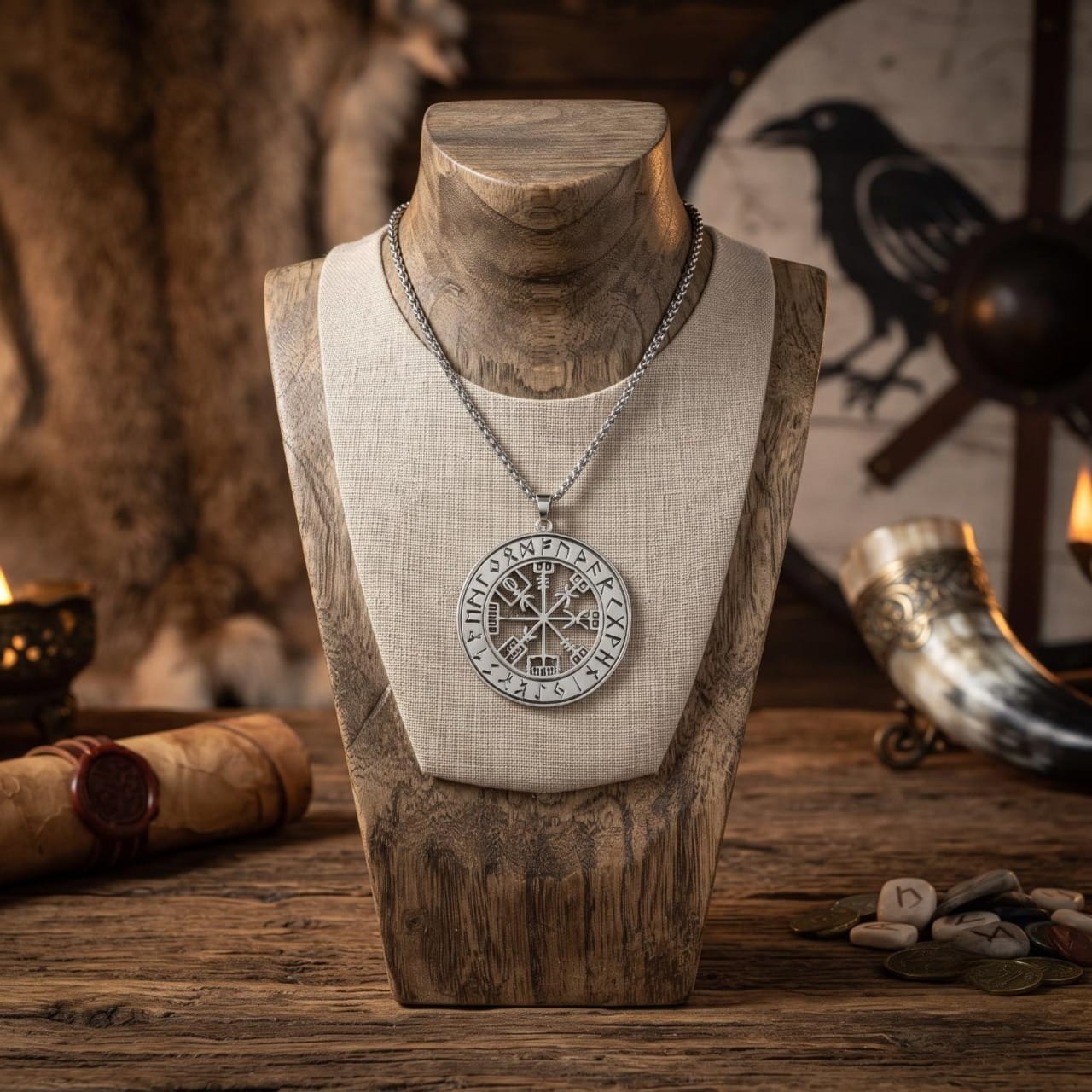 Pendentif médaillon rond gravé du Vegvísir et de runes, en acier, présenté sur un buste clair