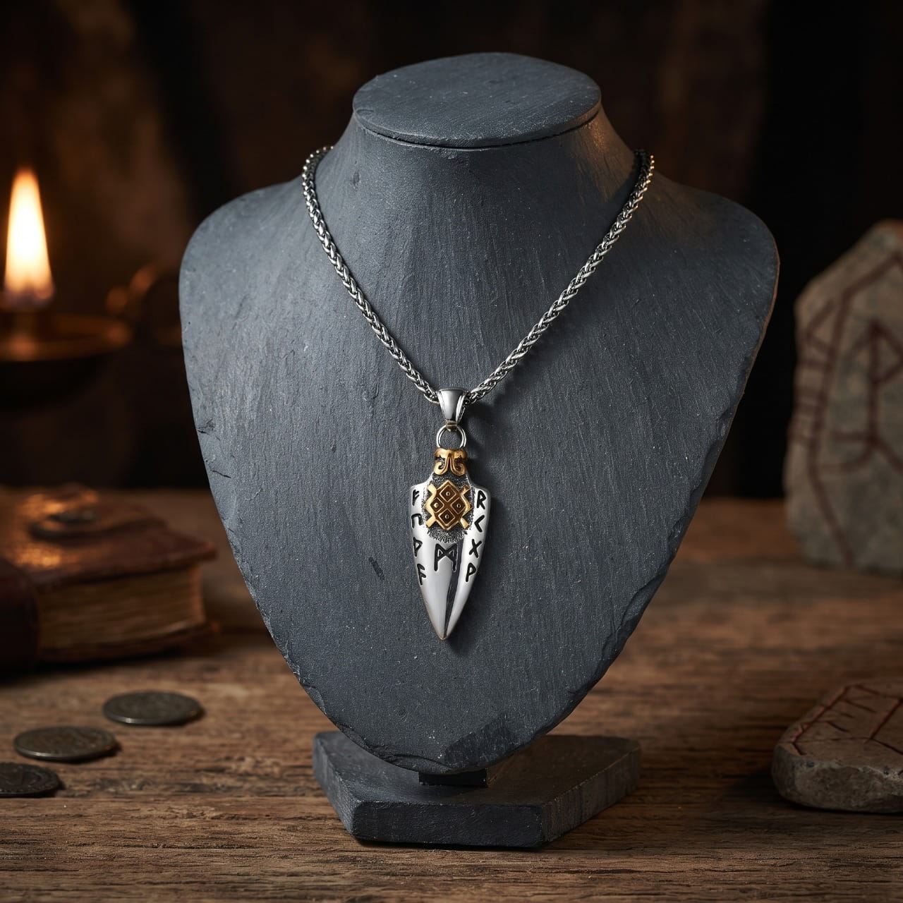 Pendentif pointe de lance en acier rehaussé d'or, présenté sur un buste sombre