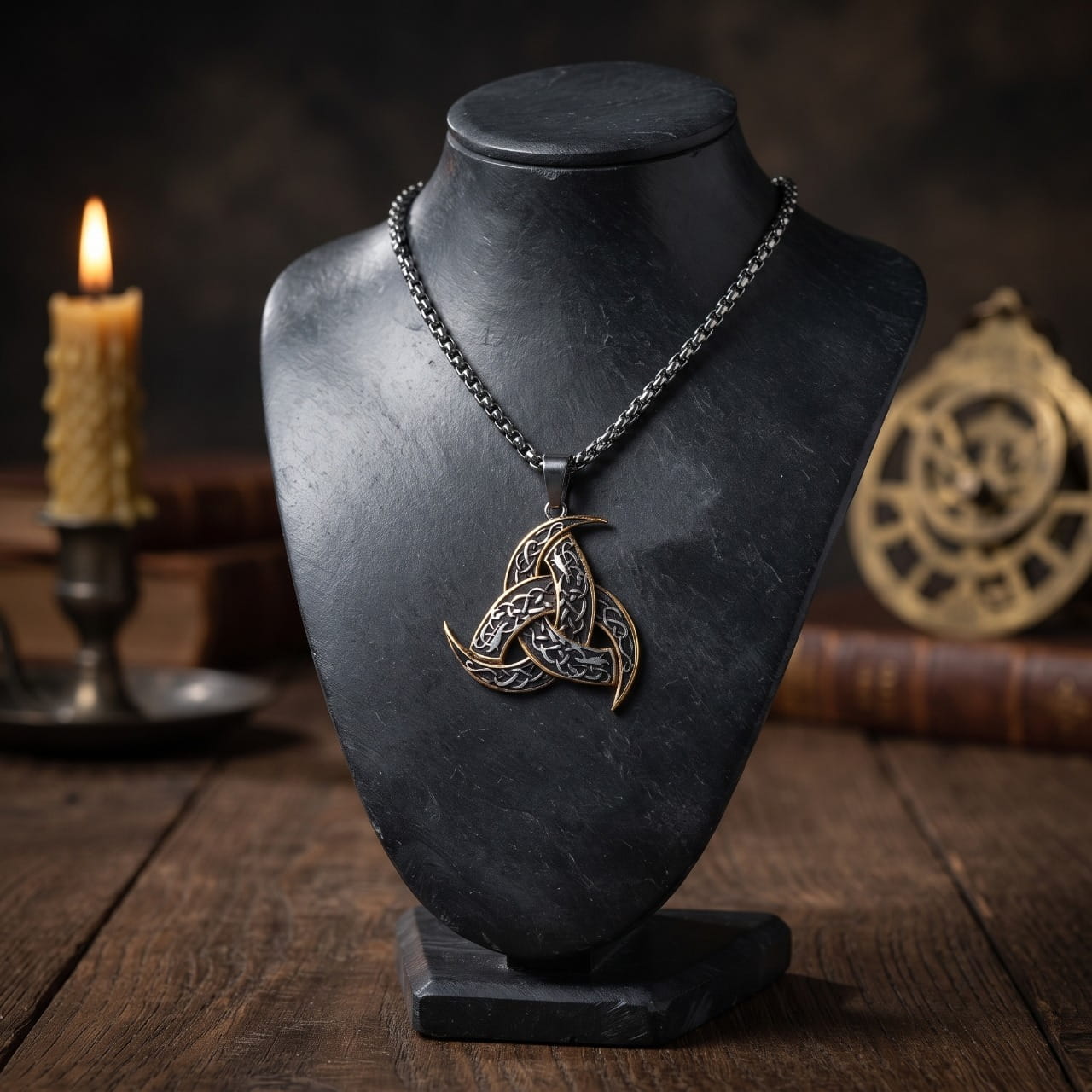 Pendentif triple corne entrelacée en bronze, sur chaîne, présenté sur un buste d'ardoise à la bougie