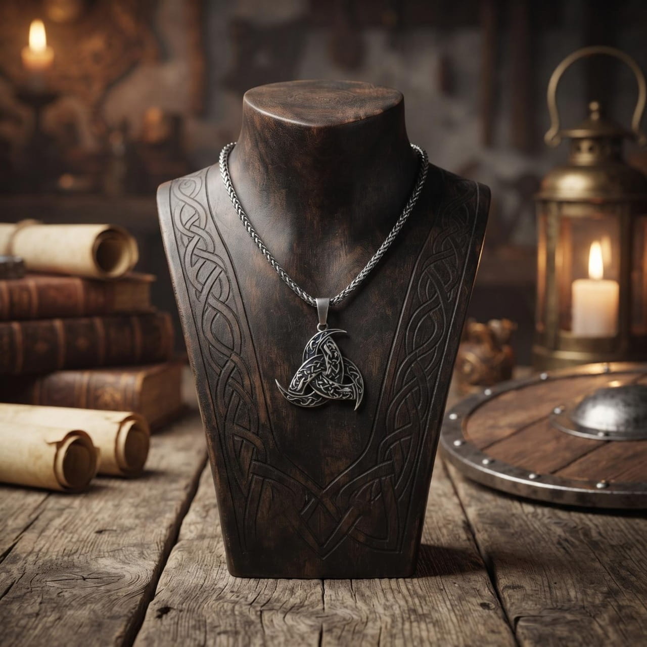 Pendentif triquetra en acier sur chaîne, présenté sur un buste sombre gravé d'entrelacs