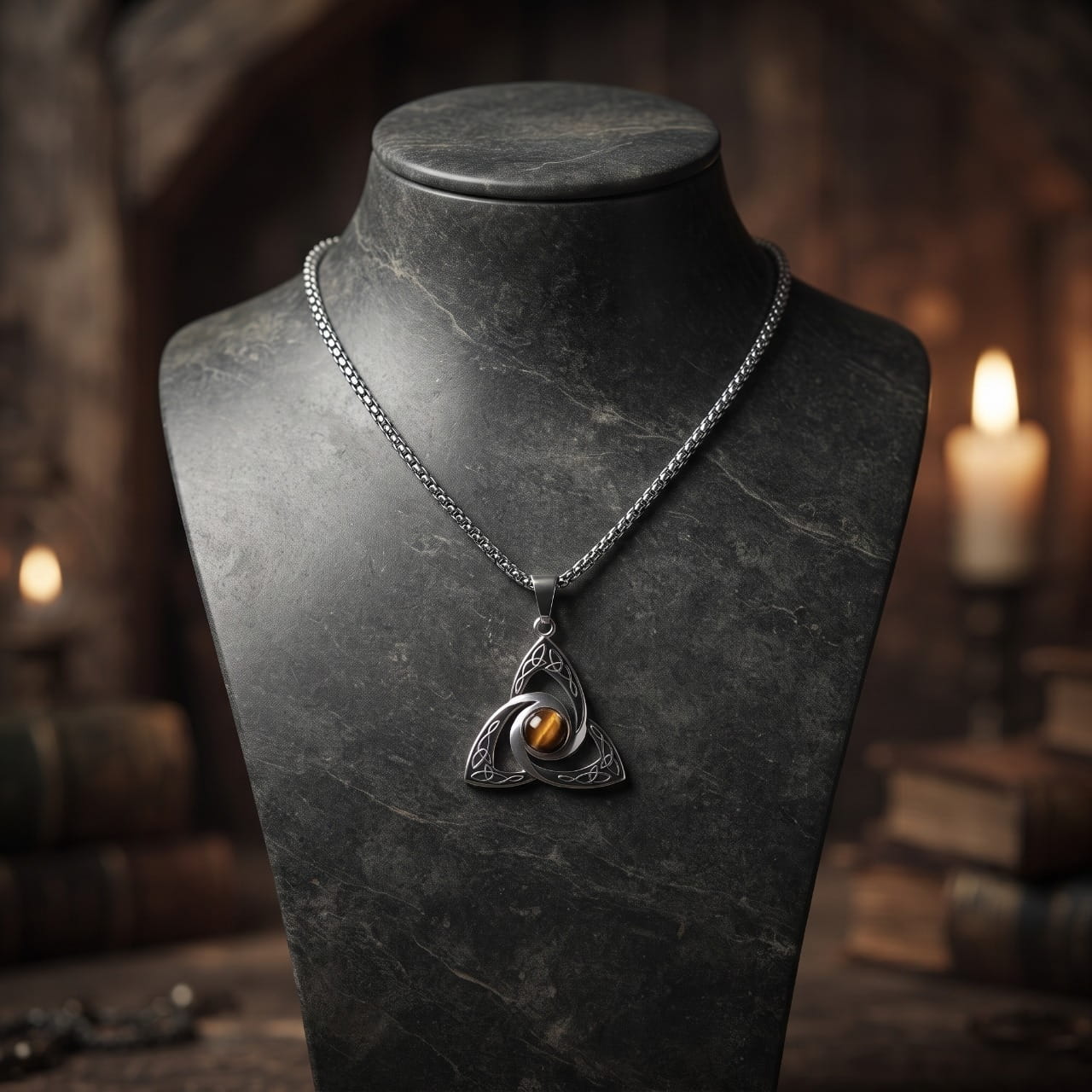 Pendentif triquetra en acier serti d'une pierre œil-de-tigre, sur chaîne, présenté sur un buste sombre
