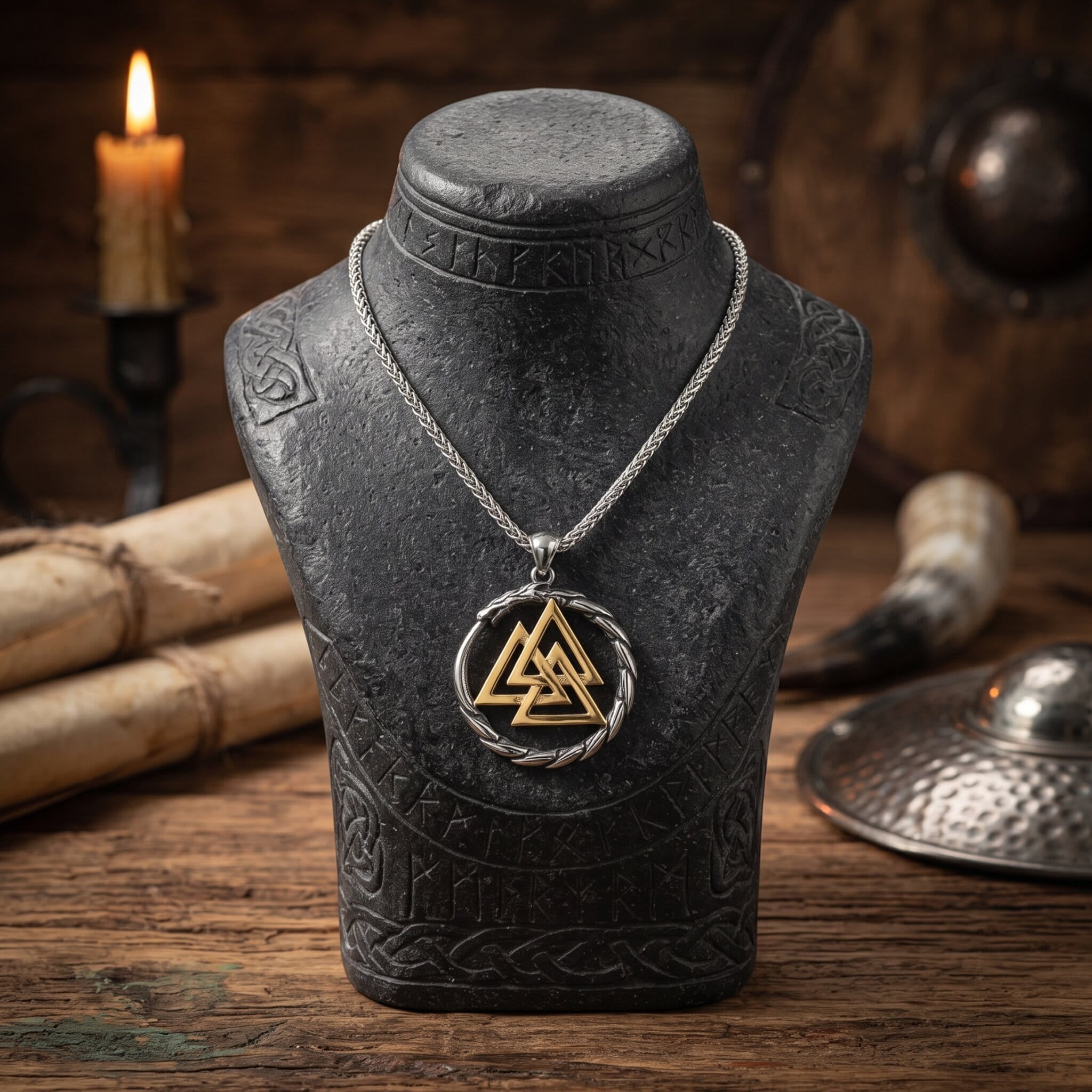 Pendentif Valknut cerclé d'un dragon ouroboros, or et acier, présenté sur un buste de pierre gravé
