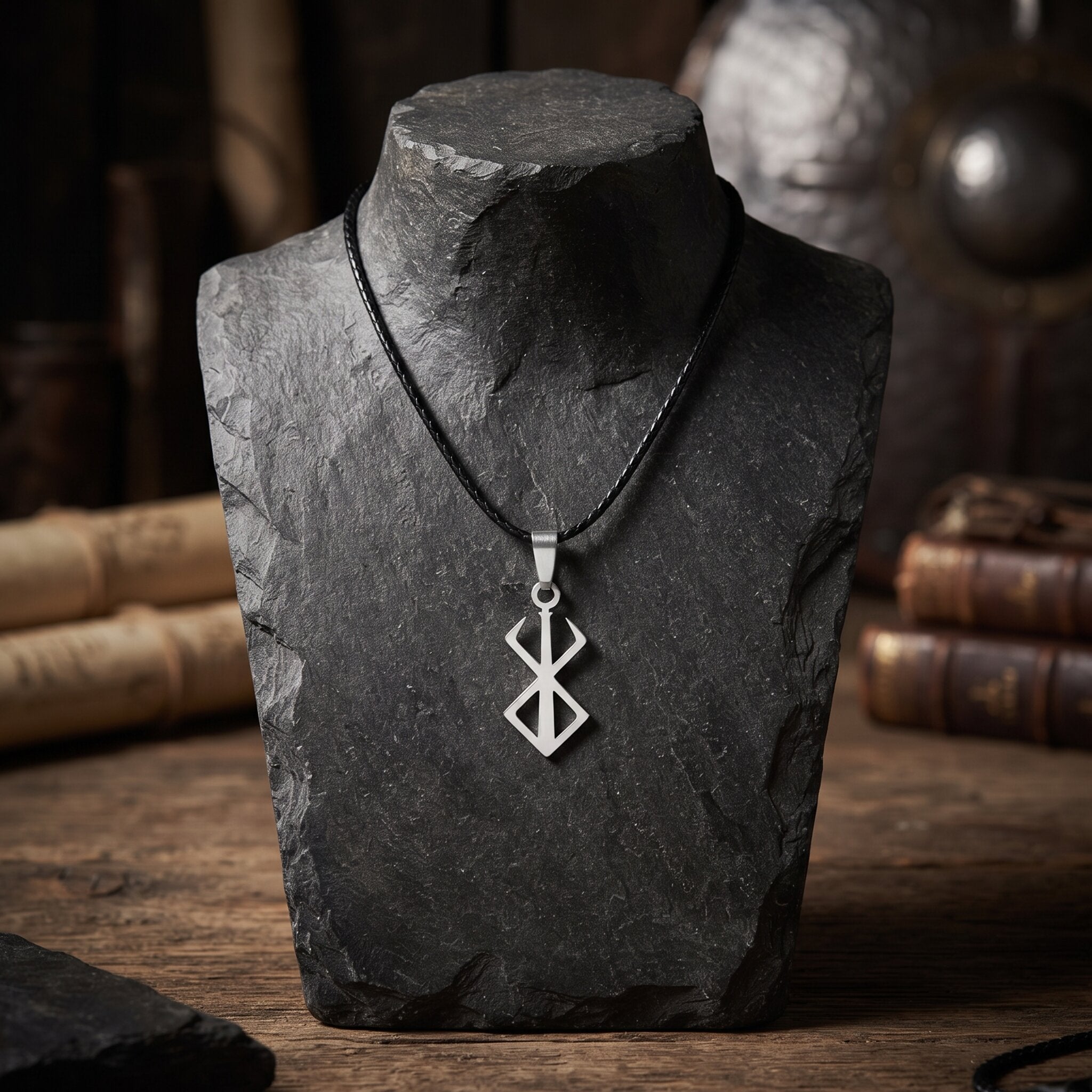 Pendentif viking en acier argenté à motif runique anguleux, sur cordon noir, présenté sur un buste d'ardoise