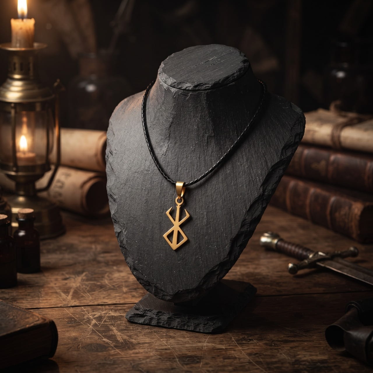 Pendentif viking doré à motif runique anguleux, sur cordon noir, présenté sur un buste d'ardoise