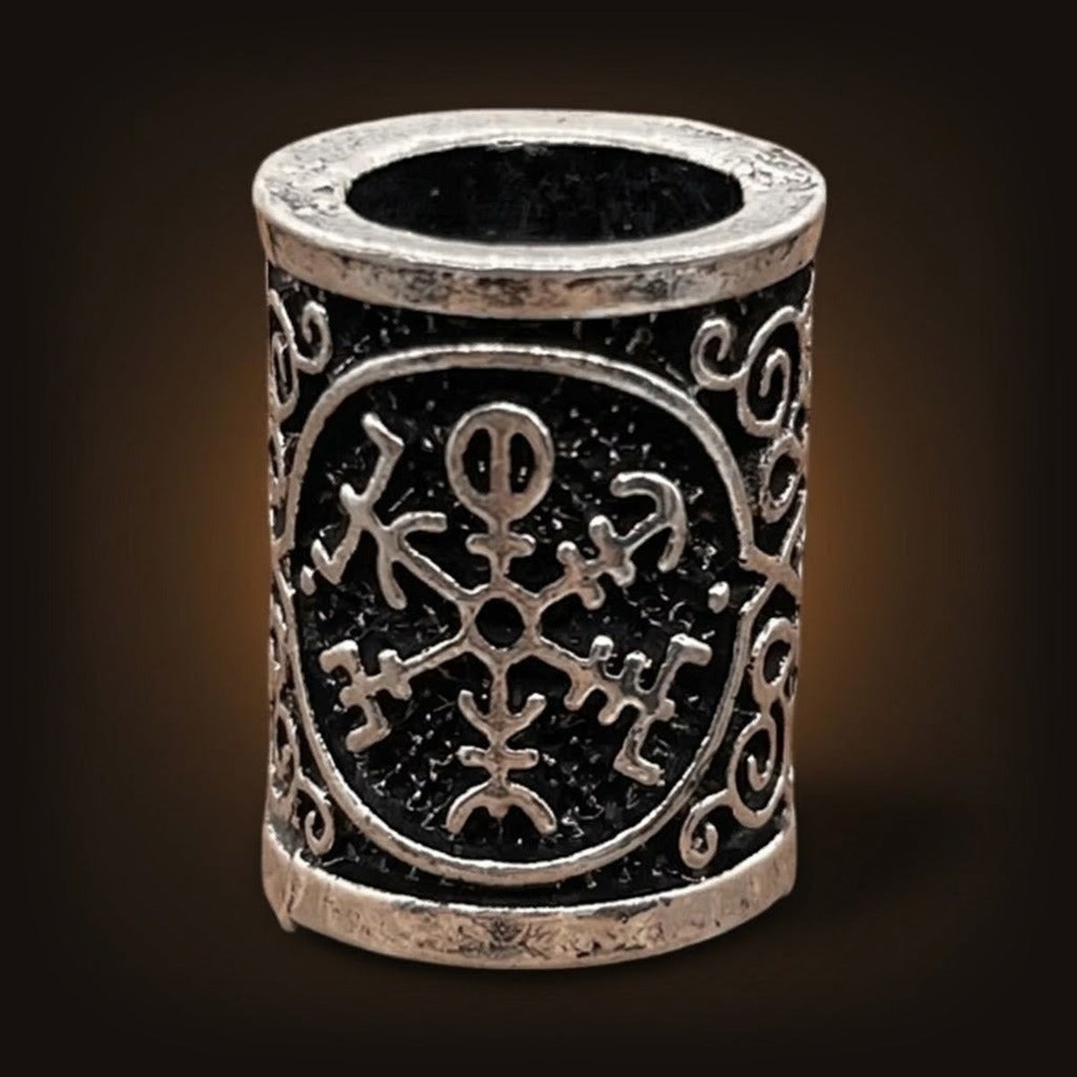 Perle viking cylindrique en alliage argent vieilli, Ægishjálmur à huit bras, perçage traversant visible