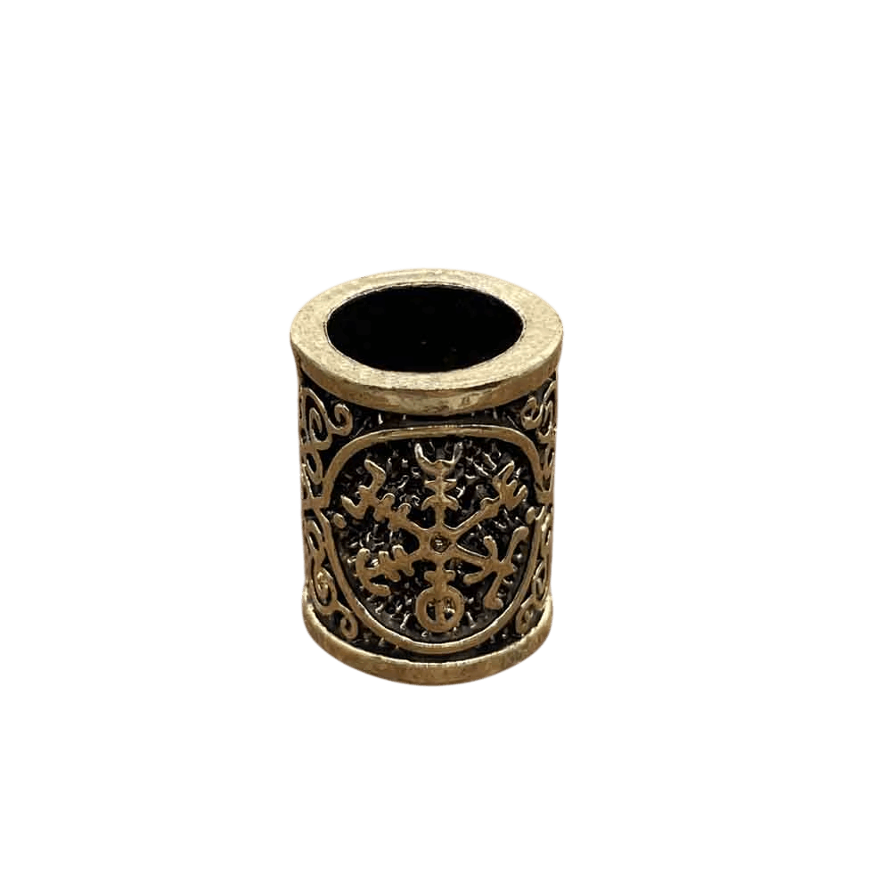 Perle viking cylindrique en alliage bronze patiné, Ægishjálmur à huit bras, perçage traversant visible, sur fond blanc