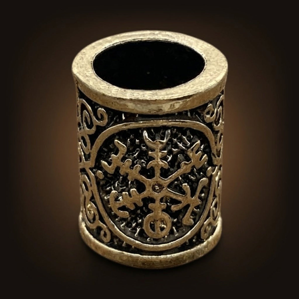 Perle viking cylindrique en alliage bronze patiné, Ægishjálmur à huit bras, perçage traversant visible