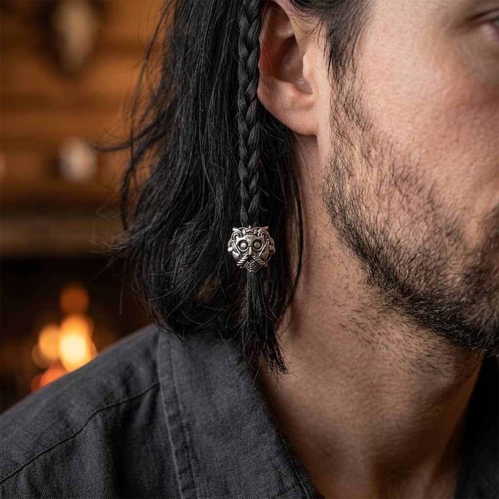 Perle viking en alliage argent vieilli, en forme de masque barbu aux yeux ronds et à la moustache tombante, portée sur une fine tresse de cheveux