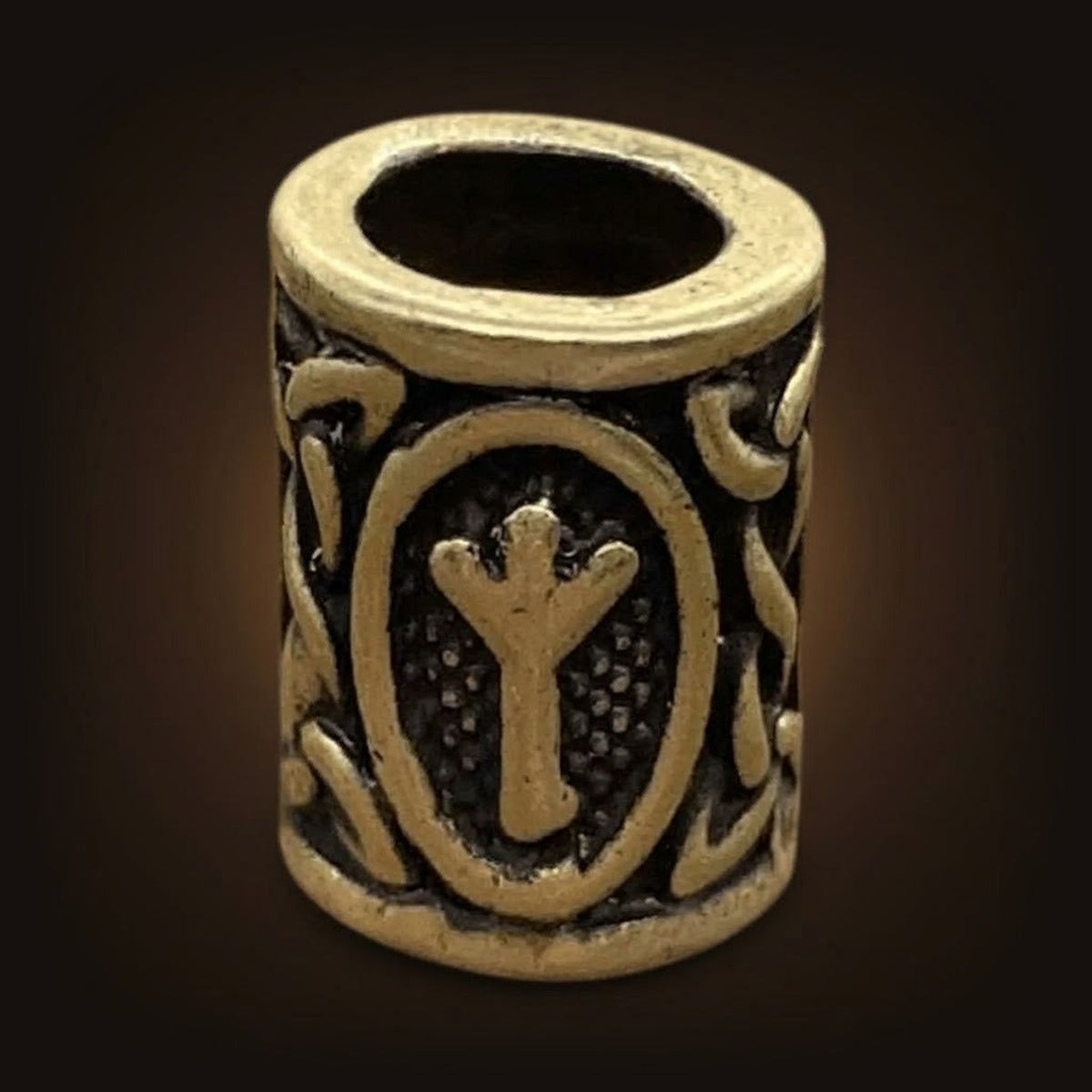 Perle viking cylindrique en alliage bronze patiné, rune Algiz, perçage traversant visible