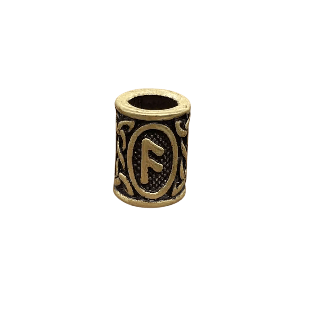 Perle viking cylindrique en alliage bronze patiné, rune Ansuz, perçage traversant visible, sur fond blanc
