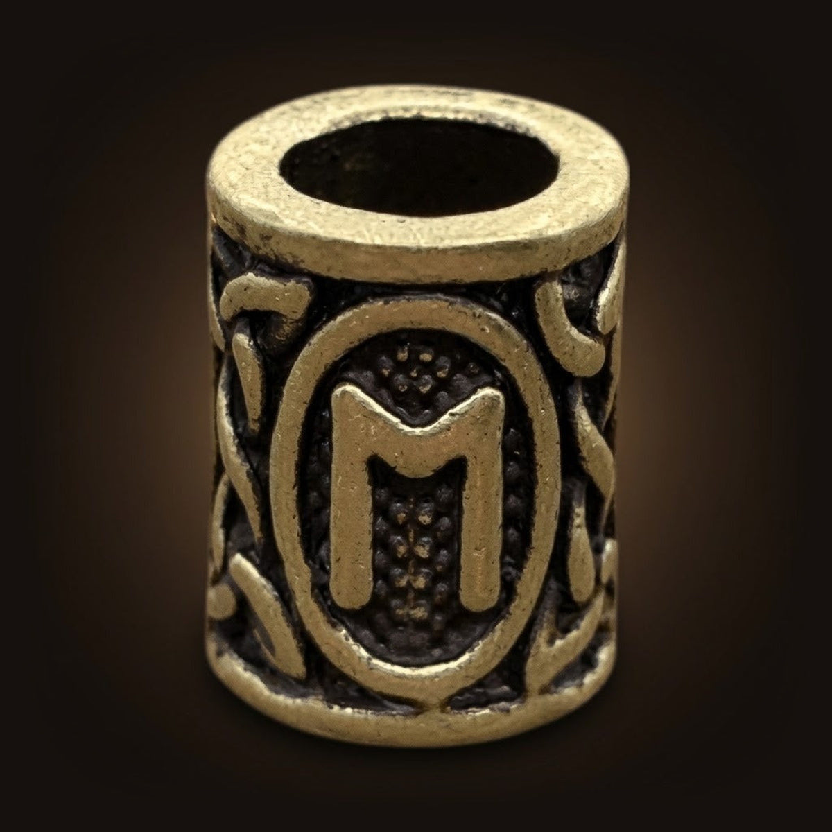 Perle viking cylindrique en alliage bronze patiné, rune Ehwaz, perçage traversant visible