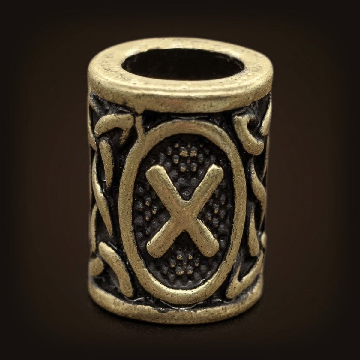 Perle viking cylindrique en alliage bronze patiné, rune Gebo, perçage traversant visible