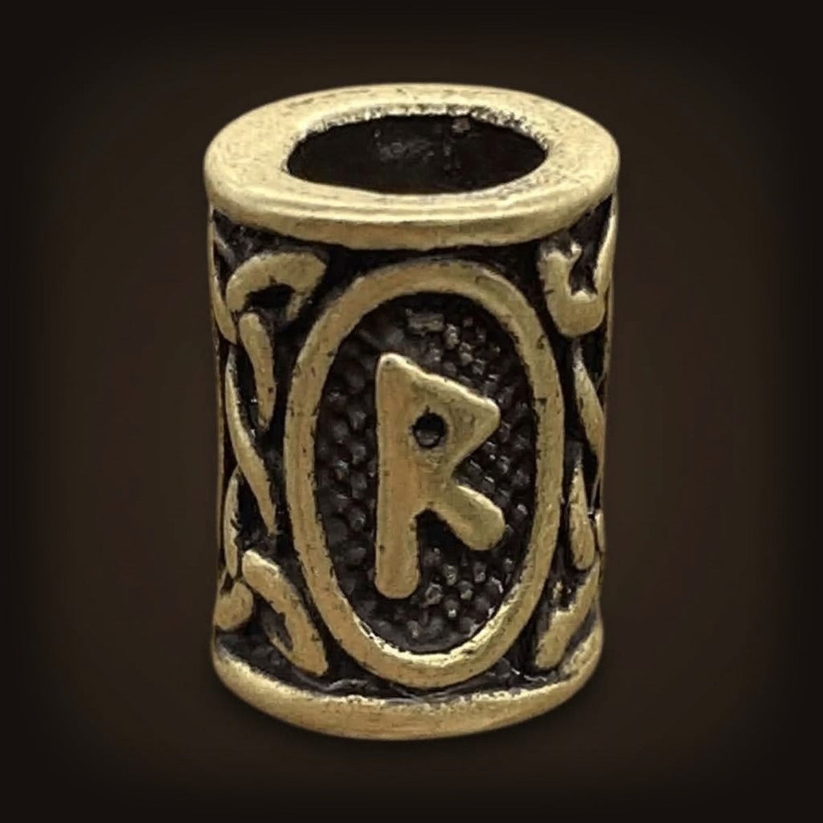 Perle viking cylindrique en alliage bronze patiné, rune Raidho, perçage traversant visible