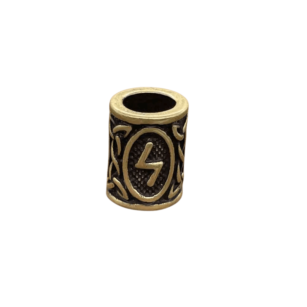 Perle viking cylindrique en alliage bronze patiné, rune Sowilo, perçage traversant visible, sur fond blanc