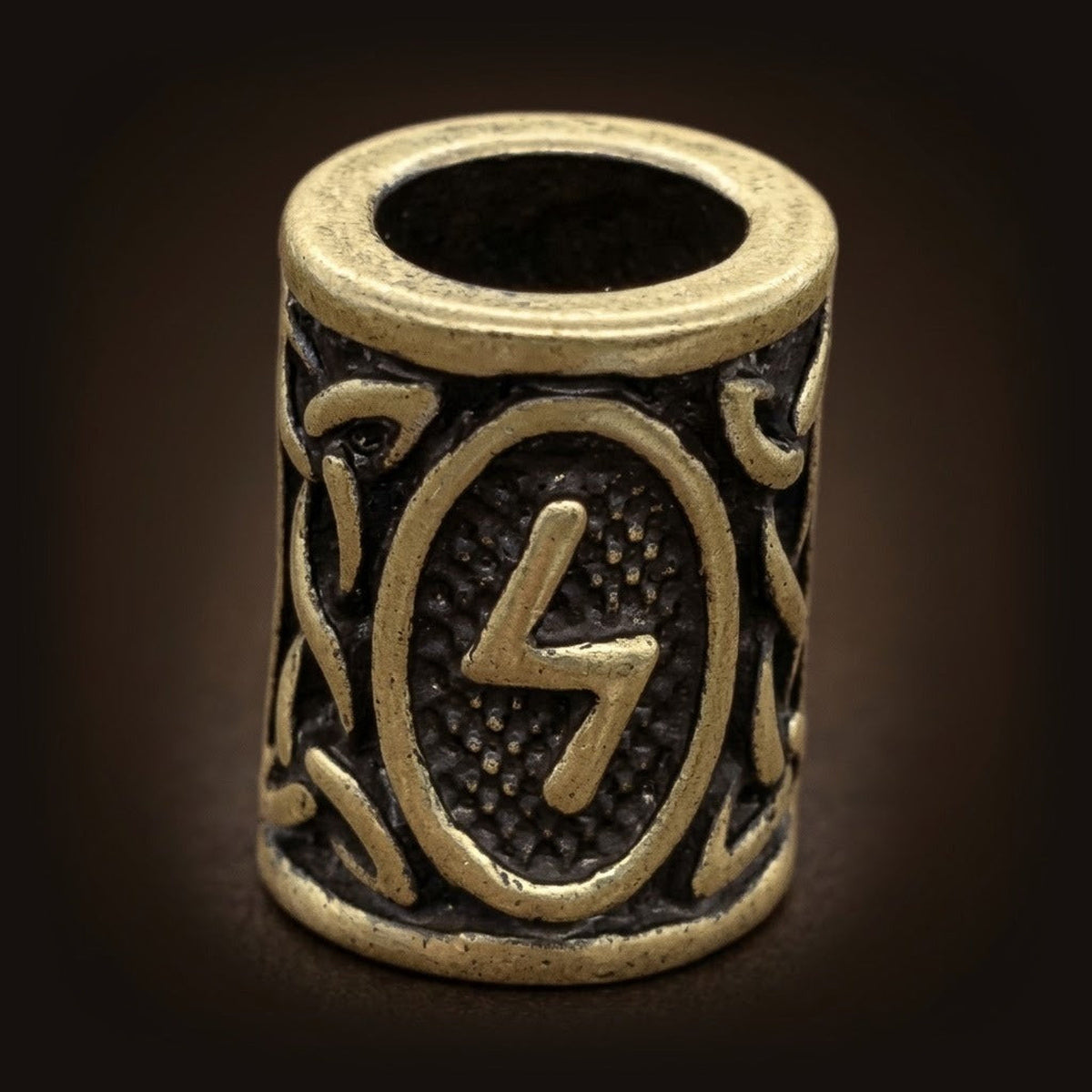 Perle viking cylindrique en alliage bronze patiné, rune Sowilo, perçage traversant visible