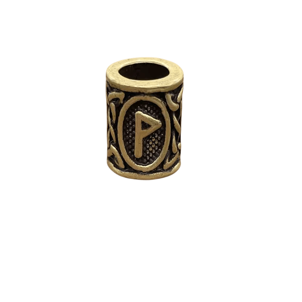 Perle viking cylindrique en alliage bronze patiné, rune Wunjo, perçage traversant visible, sur fond blanc