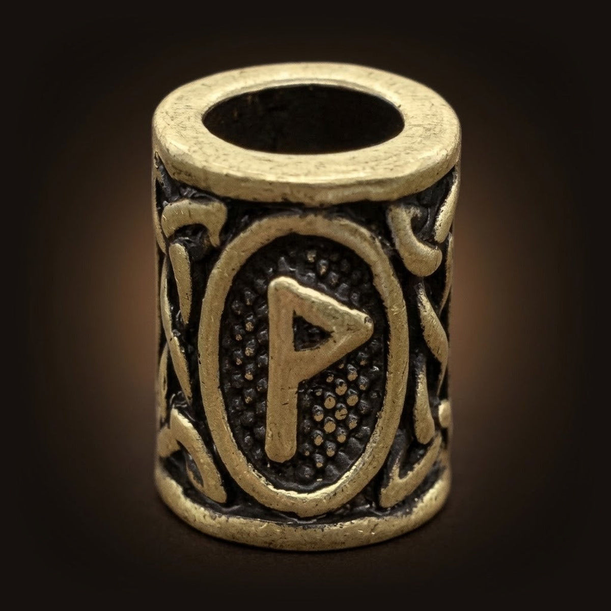 Perle viking cylindrique en alliage bronze patiné, rune Wunjo, perçage traversant visible