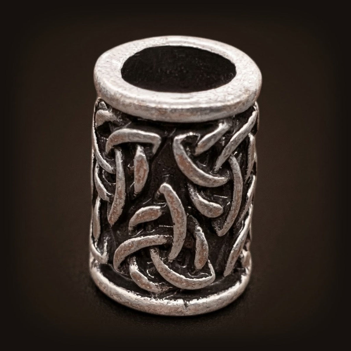 Perle viking cylindrique en alliage argent vieilli, entrelacs en triquetra, perçage traversant visible