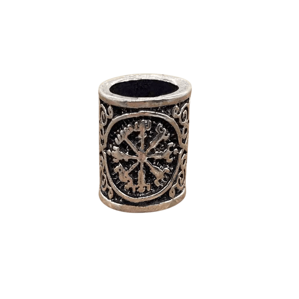 Perle viking cylindrique en alliage argent vieilli, Vegvísir à huit branches, perçage traversant visible, sur fond blanc