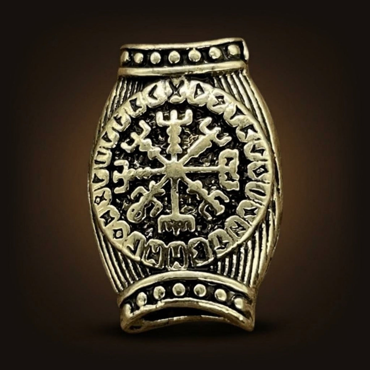 Perle viking en forme de tonneau, en alliage bronze patiné, Vegvísir cerclé de runes, perçage traversant visible