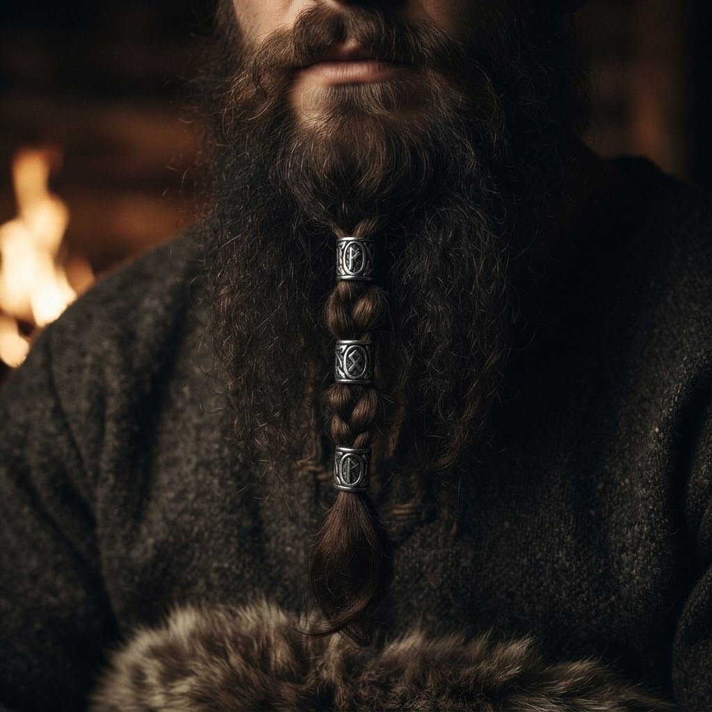 Perles de barbe viking en acier argenté gravées de runes du Futhark, trois perles enfilées sur une tresse de barbe, près du feu
