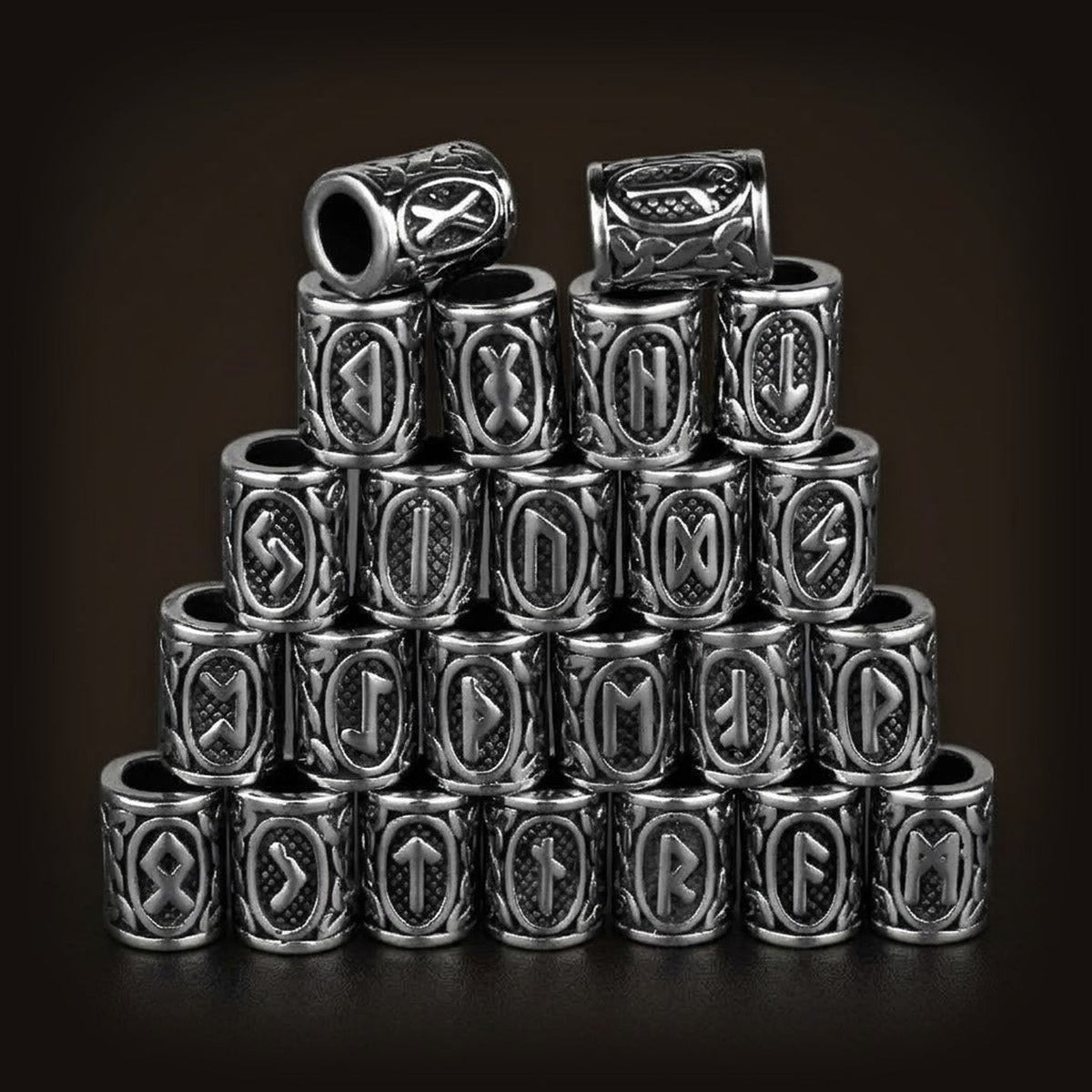 Set 24 perles viking runes futhark pour barbe et cheveux en acier argenté