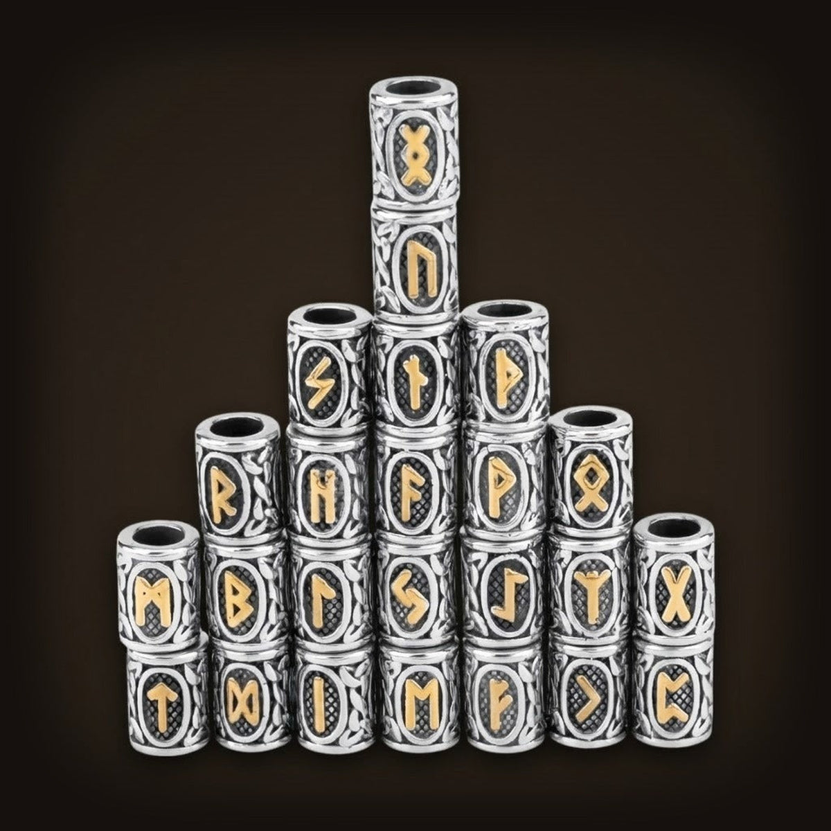 Set 24 perles viking runes futhark pour barbe et cheveux en acier doré