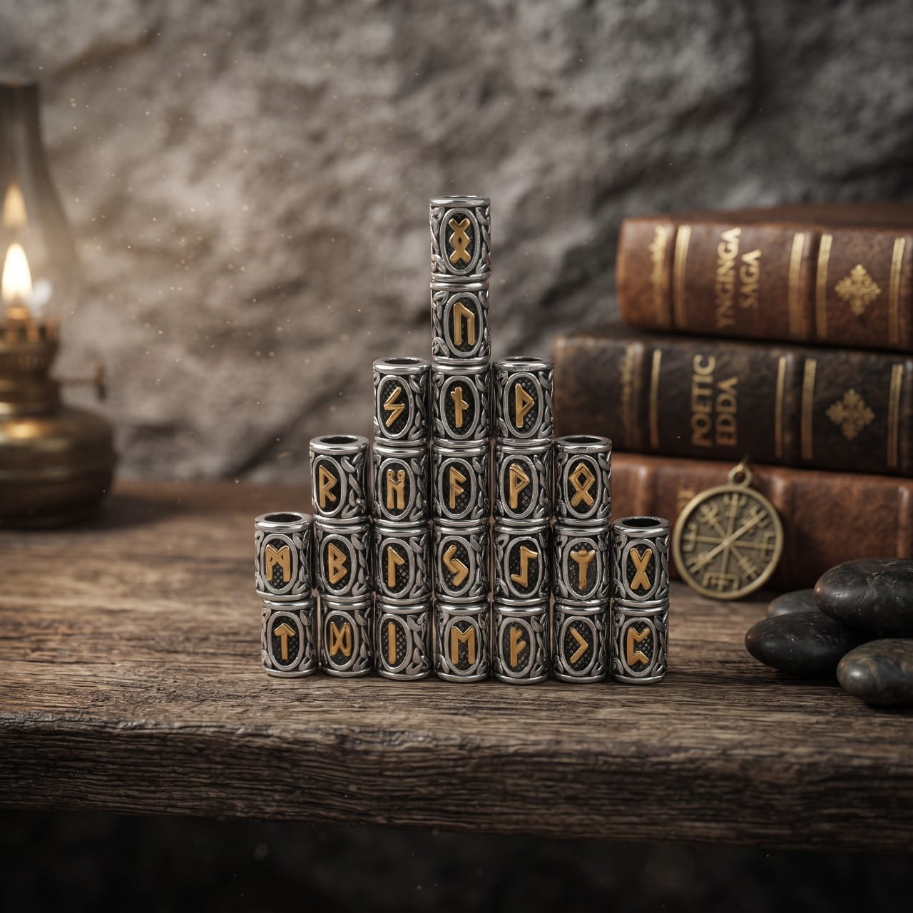 Perles Viking Runes Futhark Barbe Cheveux Acier Doré — en situation