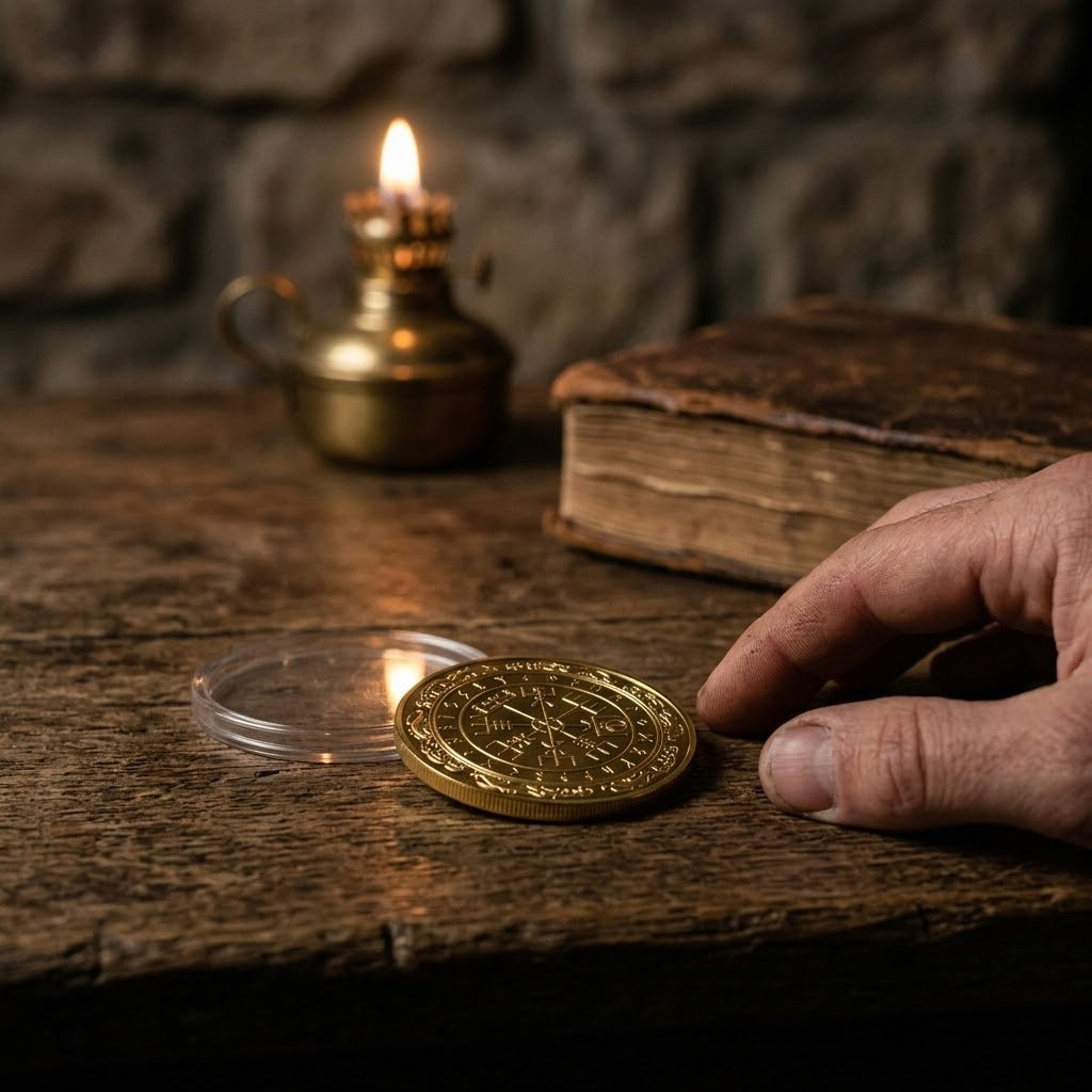 Pièce viking Vegvísir dorée posée sur une table de bois, près d’une lampe à huile et d’un livre ancien