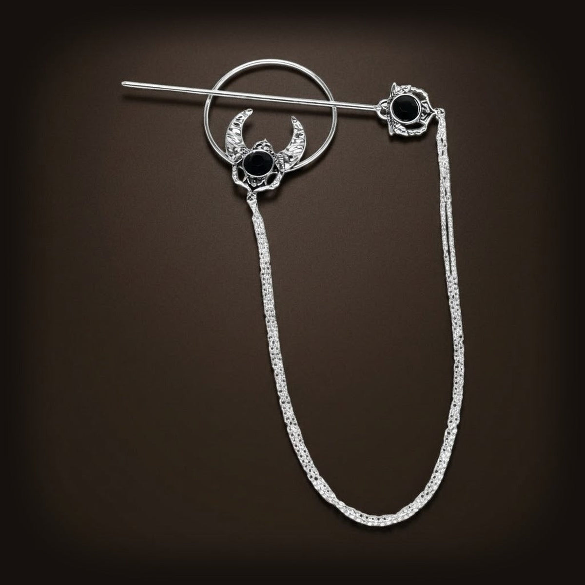 Pique à Cheveux Viking Lune et Chaînette, finition argentée
