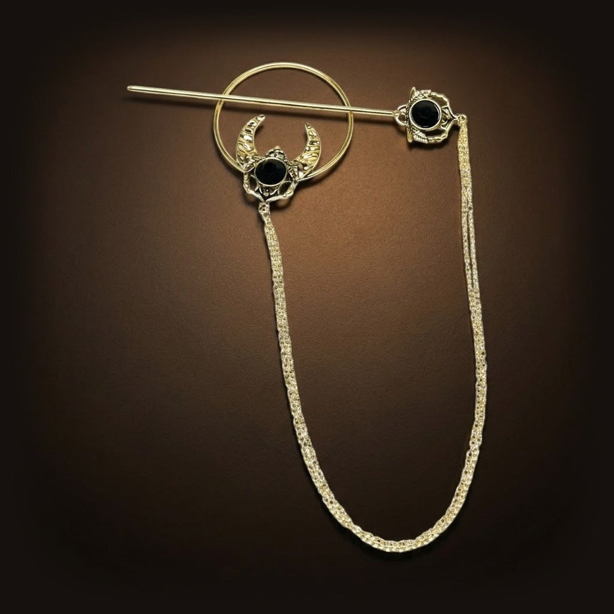 Pique à Cheveux Viking Lune et Chaînette, finition dorée