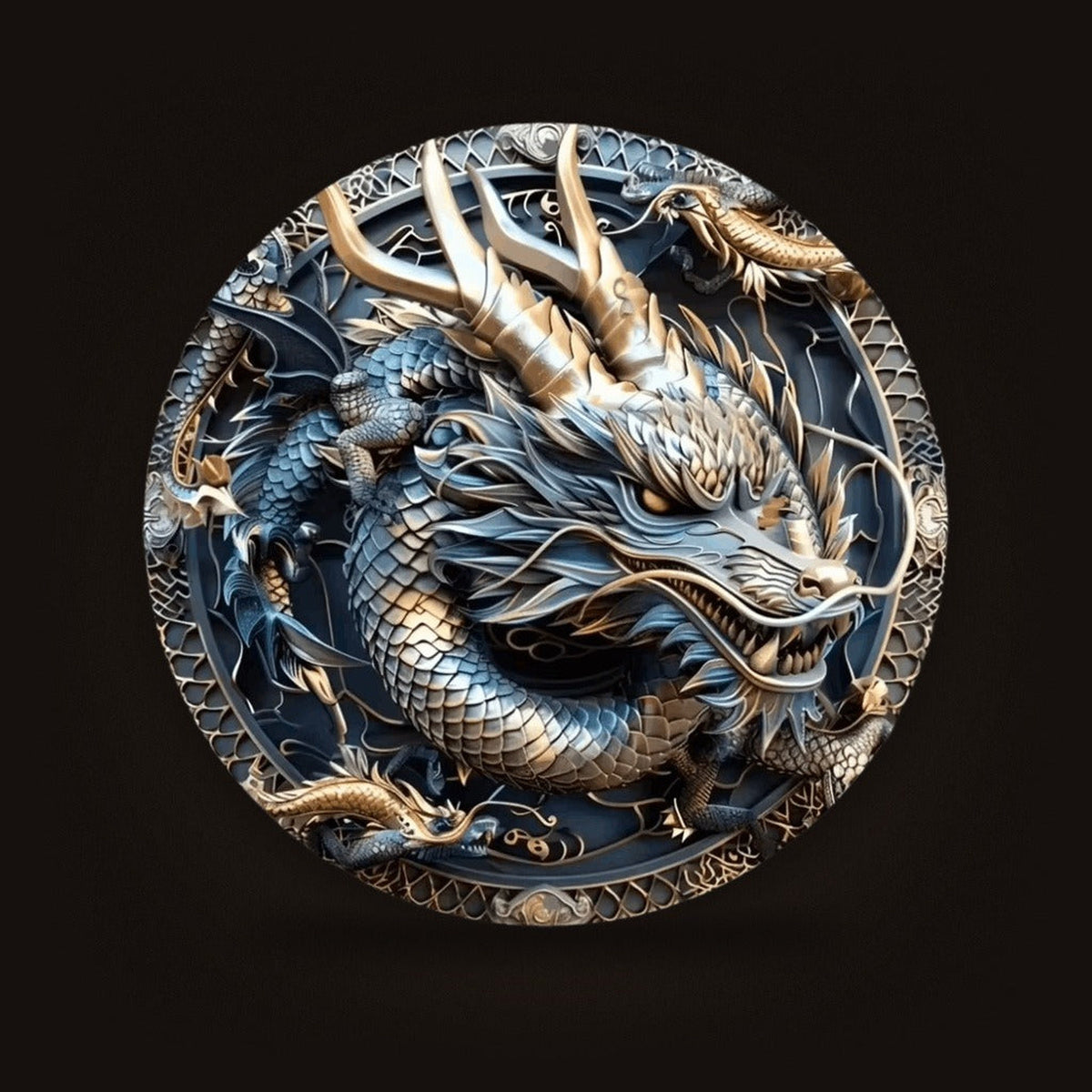 Plaque Murale Dragon Bleu et Or — Aluminium 2D 20 cm