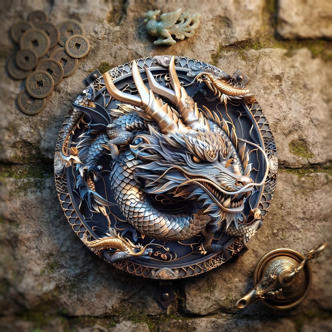 Plaque Murale Dragon Bleu et Or — Aluminium 2D 20 cm