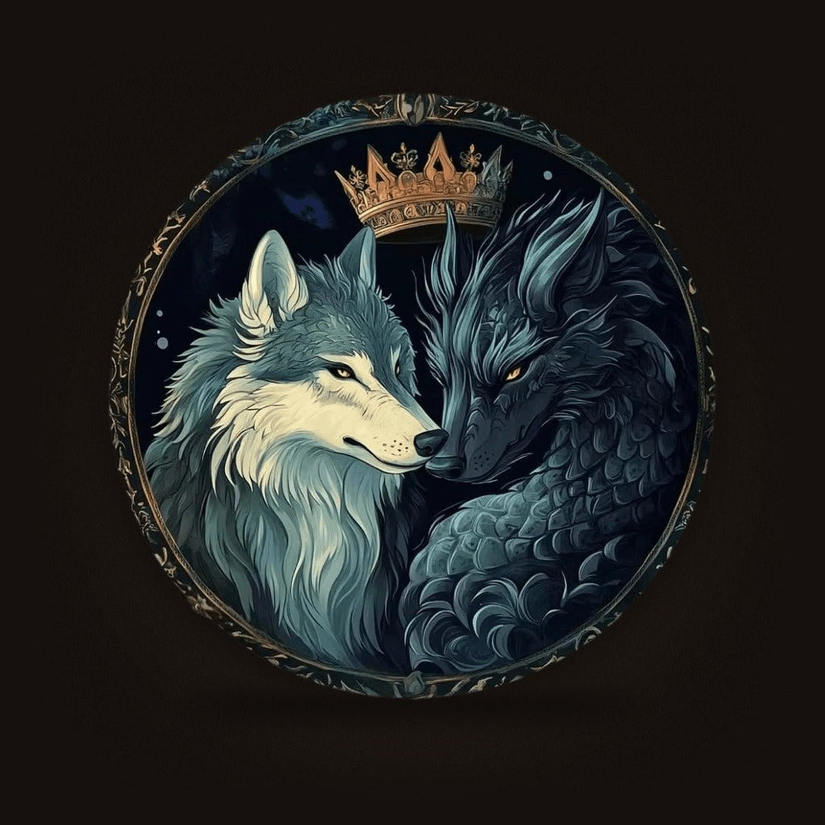 Plaque Murale Loup Blanc & Dragon Couronnés — Aluminium 2D 20 cm