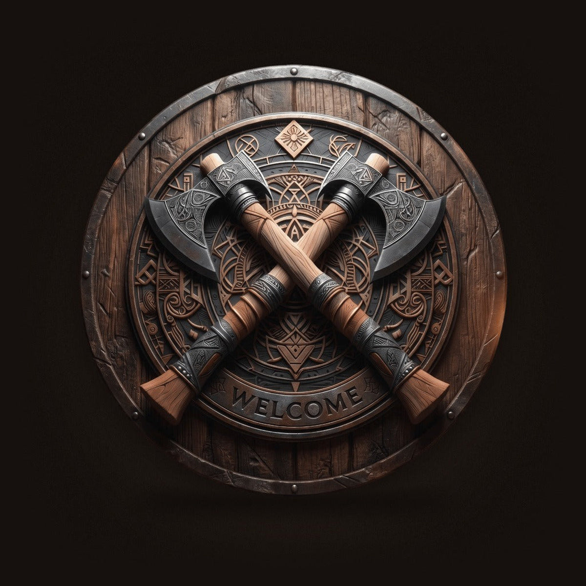 Plaque Murale Viking Haches Croisées « Welcome » — Aluminium 2D 20 cm