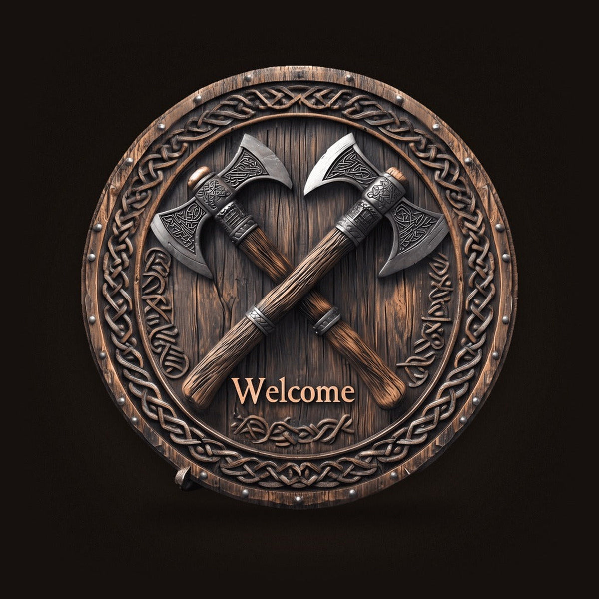 Plaque murale viking « Welcome » : haches croisées sur plateau de bois veiné, bordure d'entrelacs celtiques et rivets