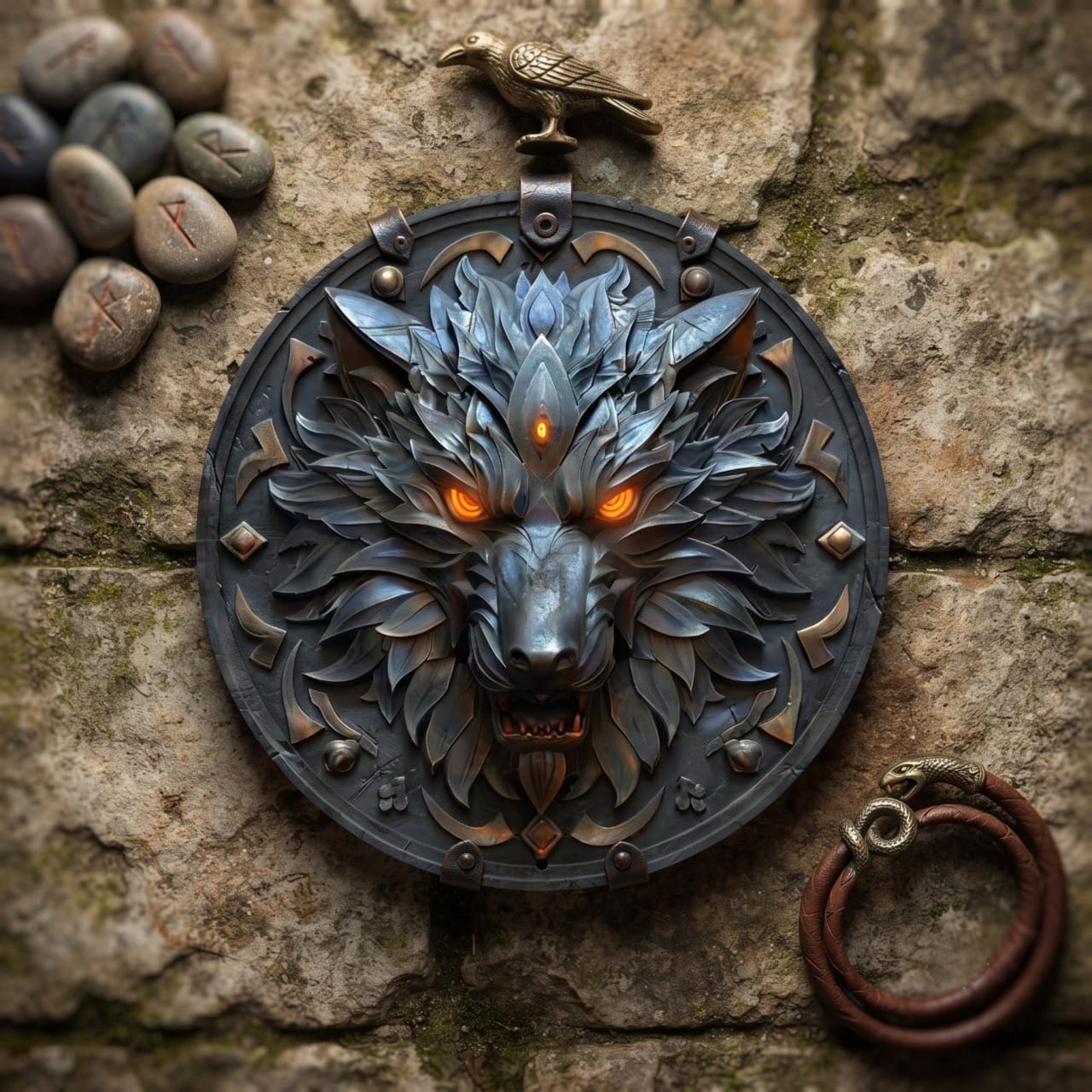 Plaque Murale Viking Loup Fenrir aux Yeux de Braise — Aluminium 2D 20 cm