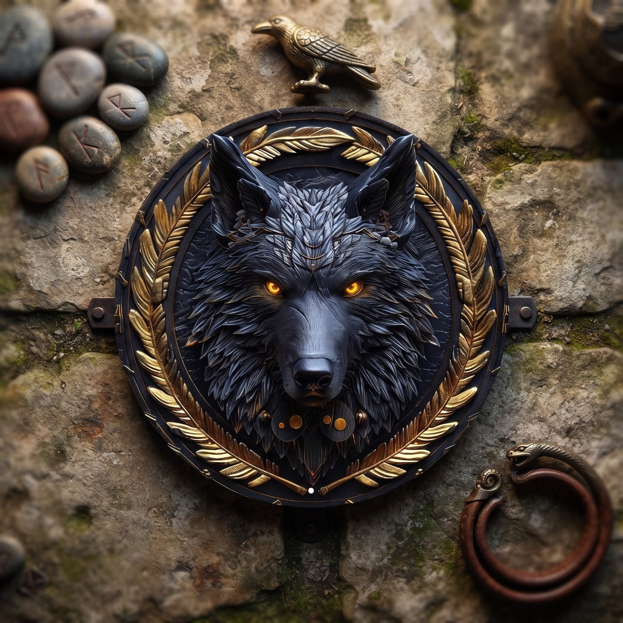 Plaque Murale Viking Loup Noir & Laurier Doré — Aluminium 2D 20 cm