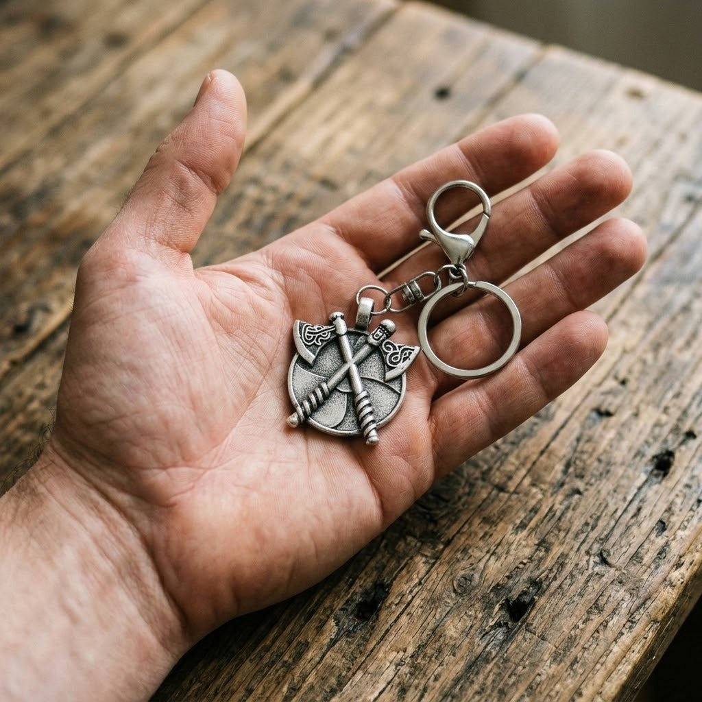 Porte-clés viking bouclier et haches croisées en argent vieilli, posé dans la paume d'une main au-dessus d'une table en bois