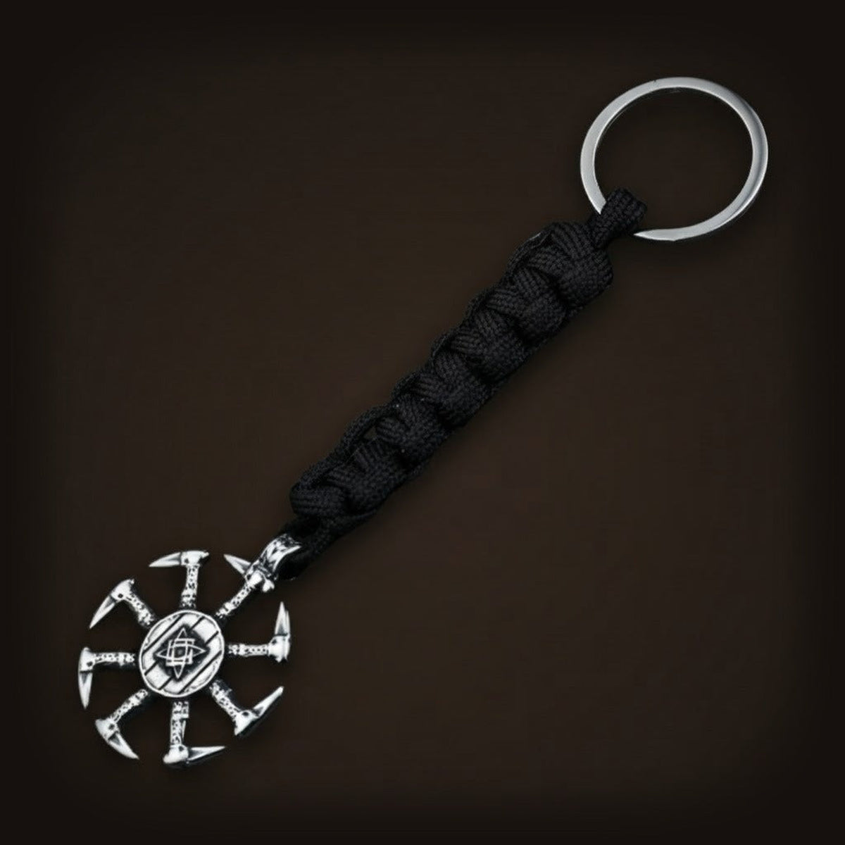 Porte-clés viking Kolovrat en acier inoxydable finition argent vieilli, paracorde noire tressée
