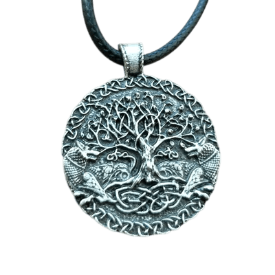 Collier viking deux loups gardant Yggdrasil arbre de vie acier antique