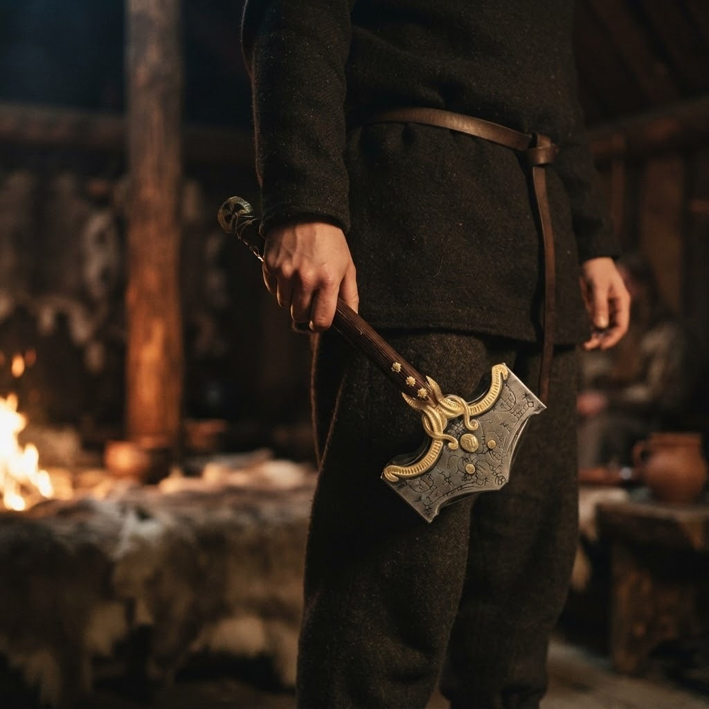 Réplique du marteau de Thor Mjölnir God of War de 48 cm en mousse PU, tenue à la main par un homme en tunique dans une maison longue viking