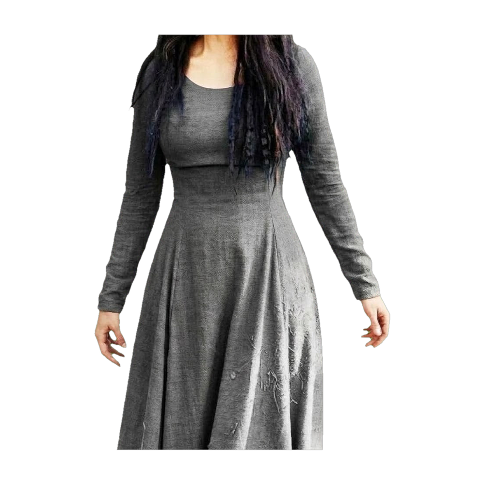 Robe viking femme grise à manches longues, buste ajusté et jupe évasée, portée sans accessoires