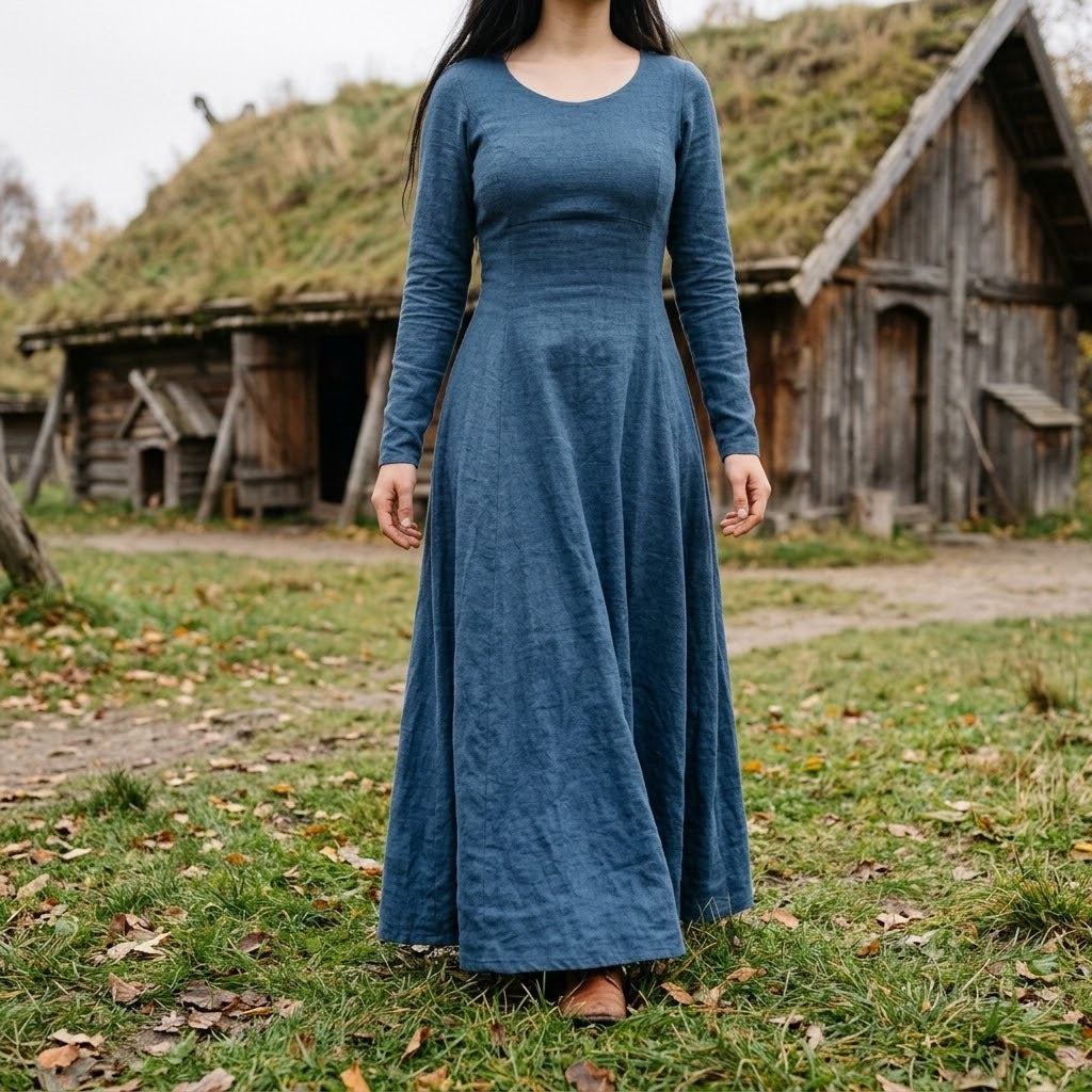Robe viking femme bleue à manches longues portée devant une maison longue au toit de tourbe, dans un village de reconstitution en automne