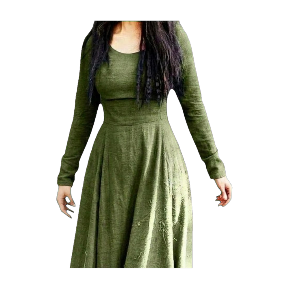 Robe viking femme verte à manches longues, buste ajusté et jupe évasée, portée sans accessoires