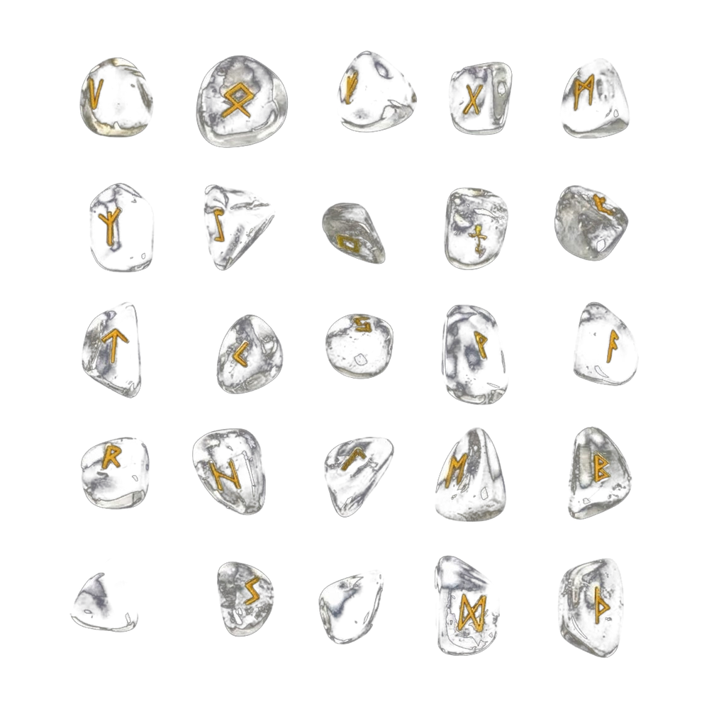 Set de 25 runes vikings en pierre de cristal de roche transparent : 24 runes du Futhark gravées et dorées et une pierre vierge