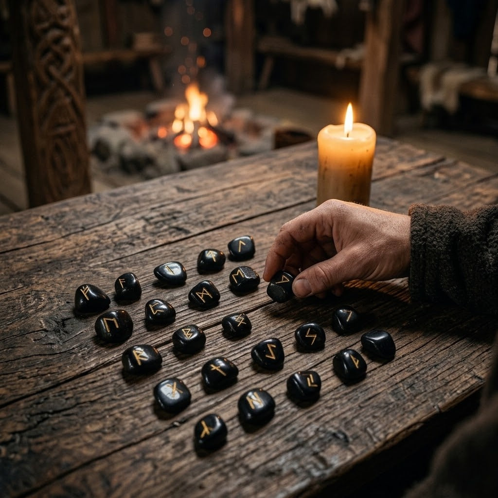 Runes vikings en obsidienne gravées de runes dorées, tirées sur une table de chêne à la lueur d’une bougie, dans une maison longue